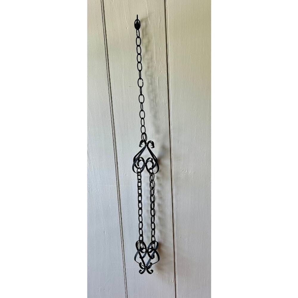 Vintage black wrought iron metal chain scroll plant hanger 42"